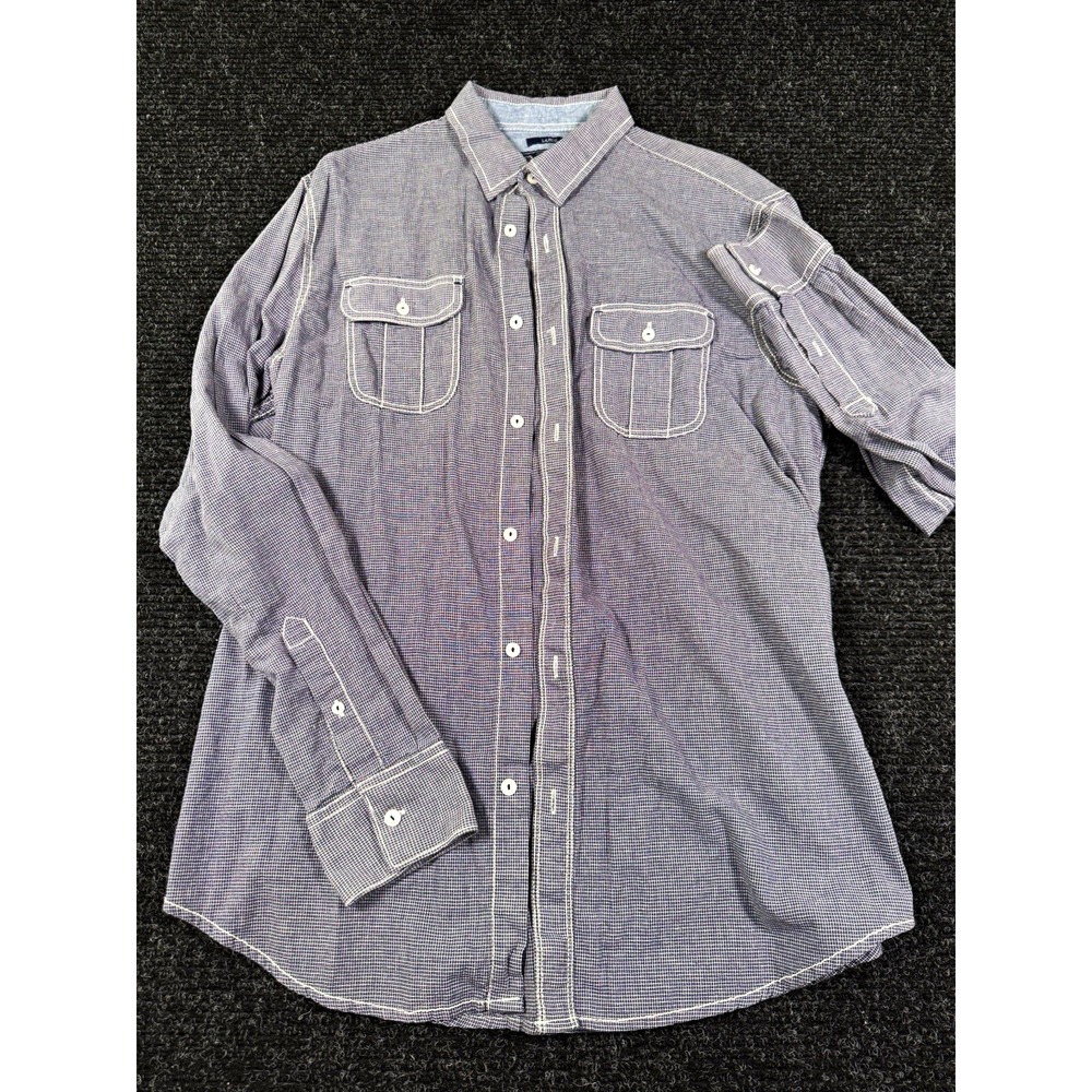 American Rag CIE Mens Large Button Up Shirt Blue Micro Check Workwear Cotton L